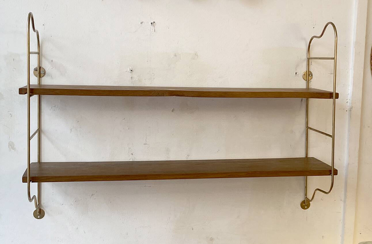 Brass and beech string shelves, 1960