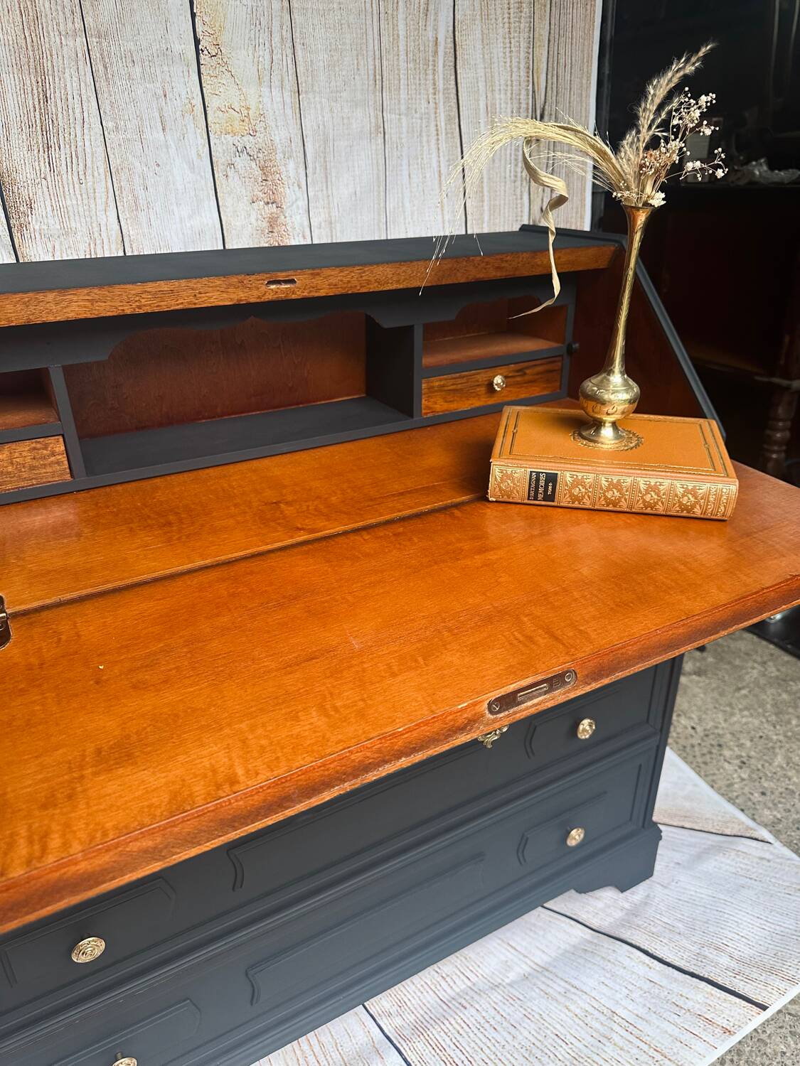 Wooden and black secretary desk