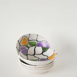 Pair of ceramic ramekins, abstract patterns in yellow, purple, and green, Pornic model, 1960.