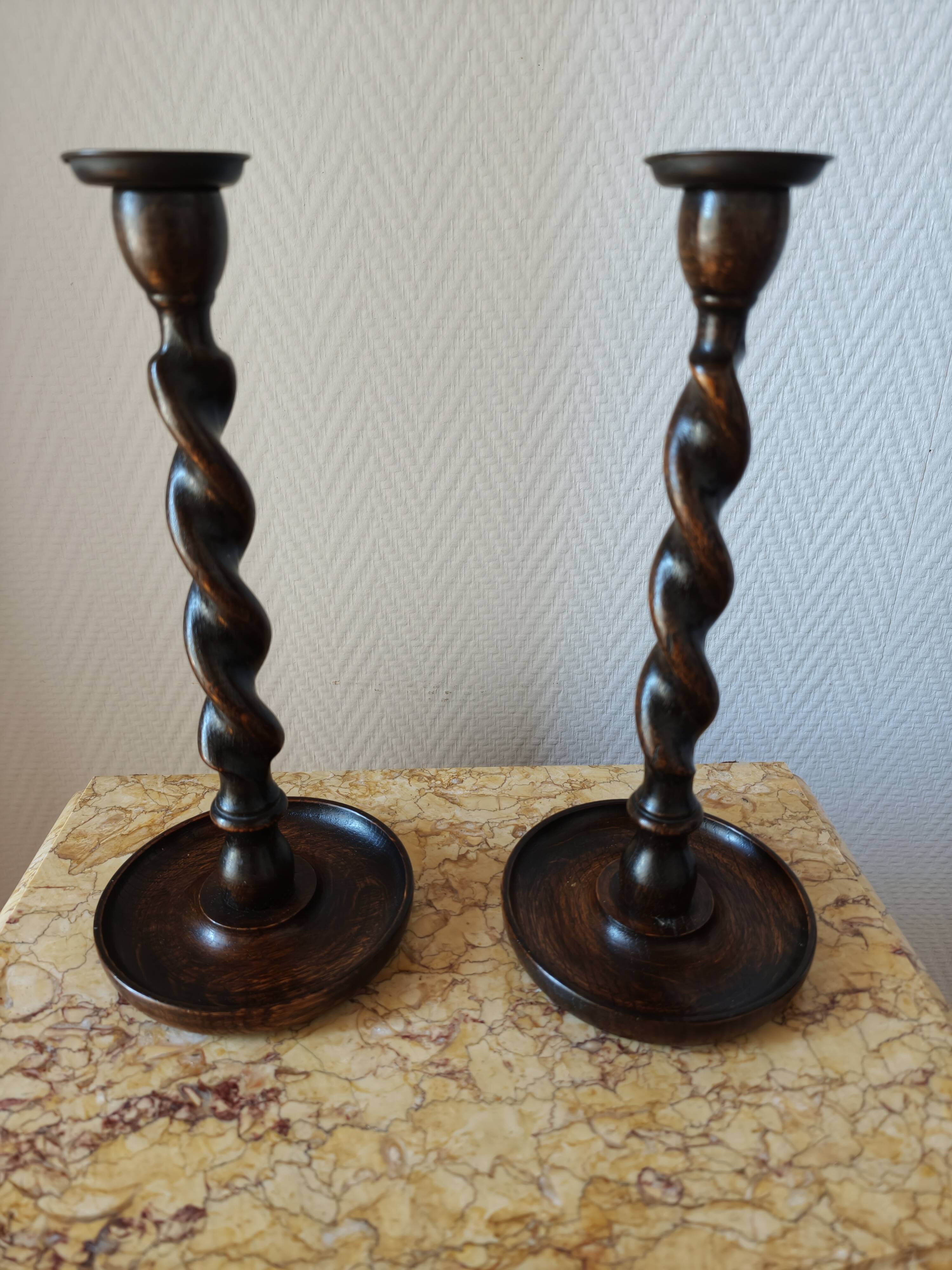 Pair of Barley Twist candlesticks in oak – English style, circa 1950