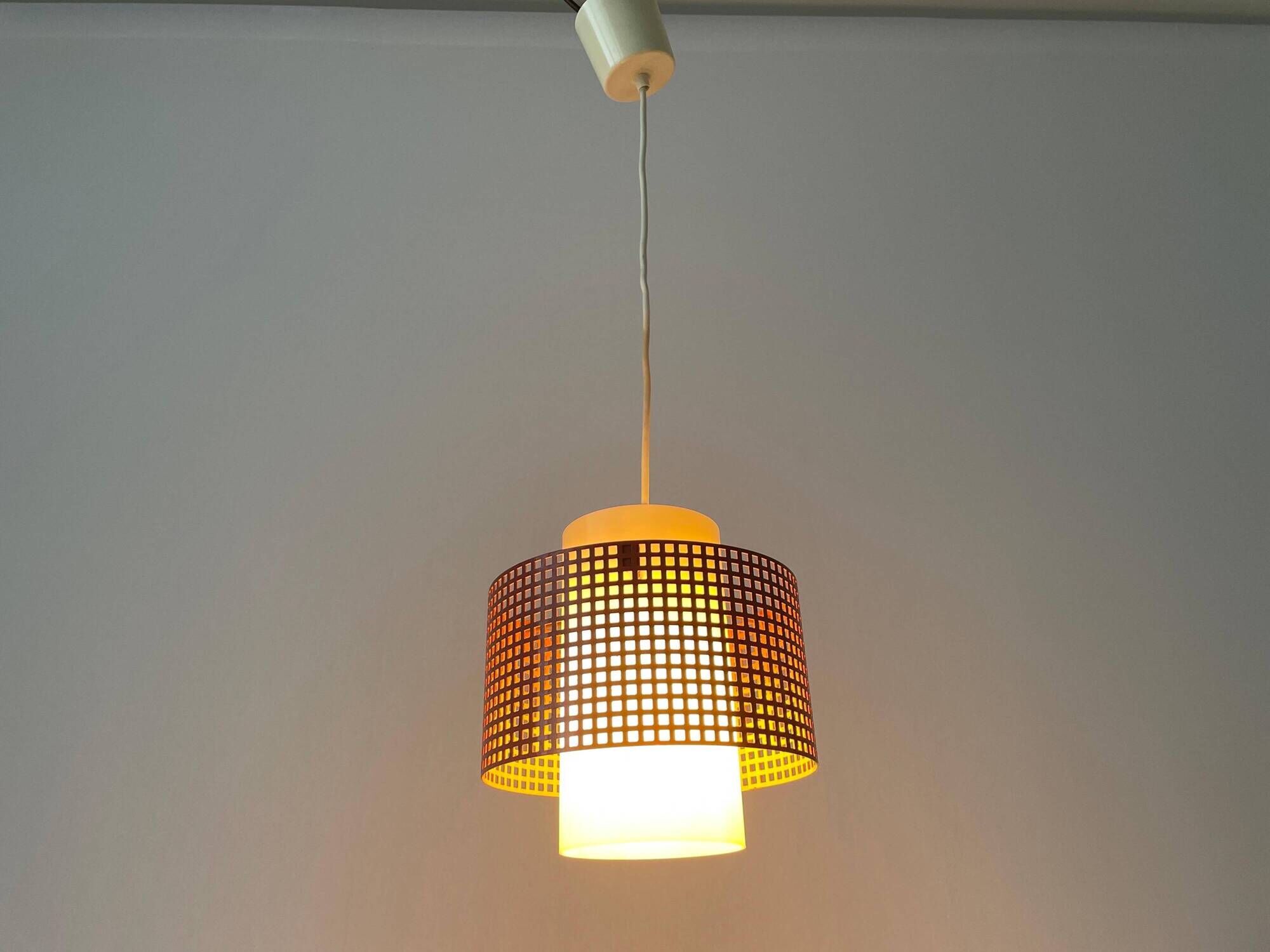 Suspended lamp in pink metal and plexiglass, Danish design, 1960s, Denmark.