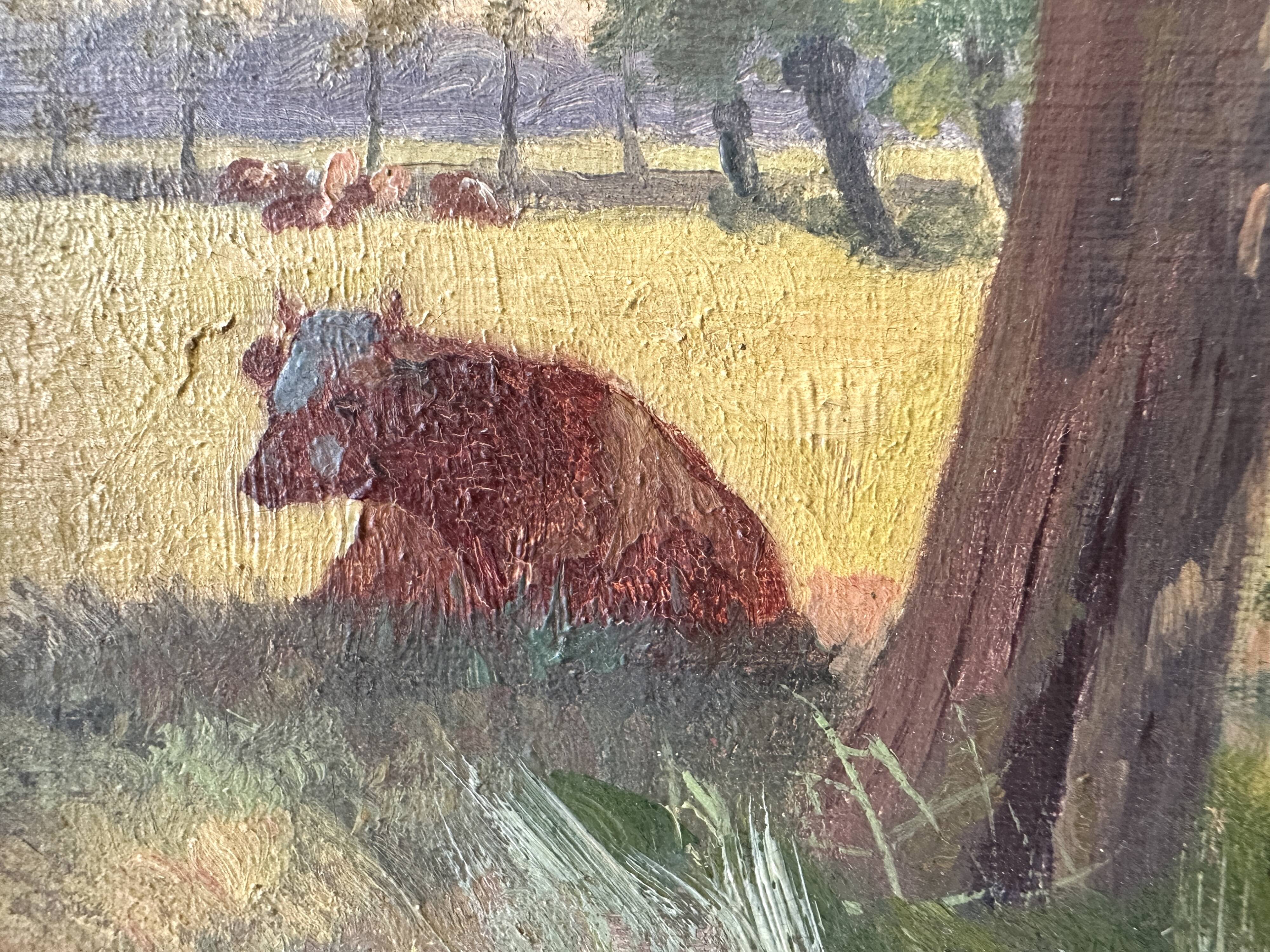 Oil on canvas of a Norman landscape with cows circa 1900.