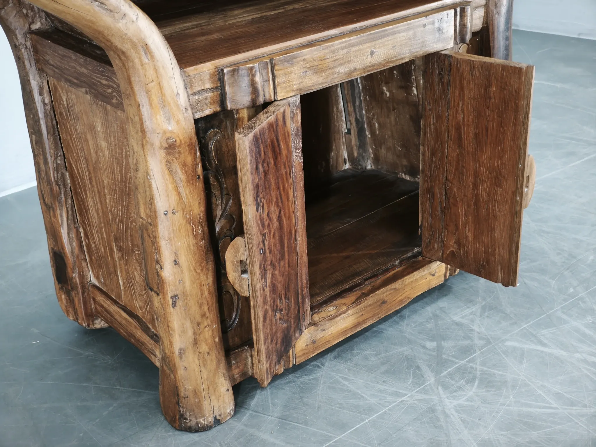 1970s Asian Rustic Solid Wood Console Table, Hand-Carved Primitive Sideboar