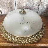 Ancien plafonnier verre gravé + contour métal doré vintage