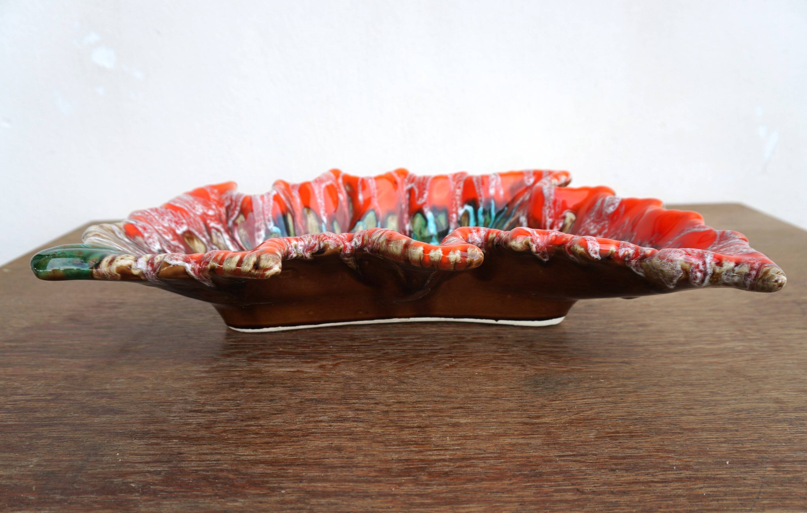 large vintage Vallauris ceramic fruit bowl in leaf shape