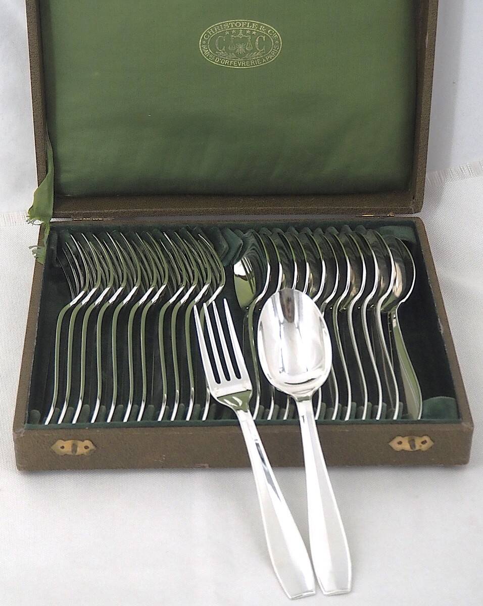 Christofle Atlas model, Art Deco, 12 dessert cutlery sets, 24 pieces, silver-plated metal.