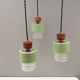 Three-part pendant in crystal glass, teak wood, and thin dusty green metal
