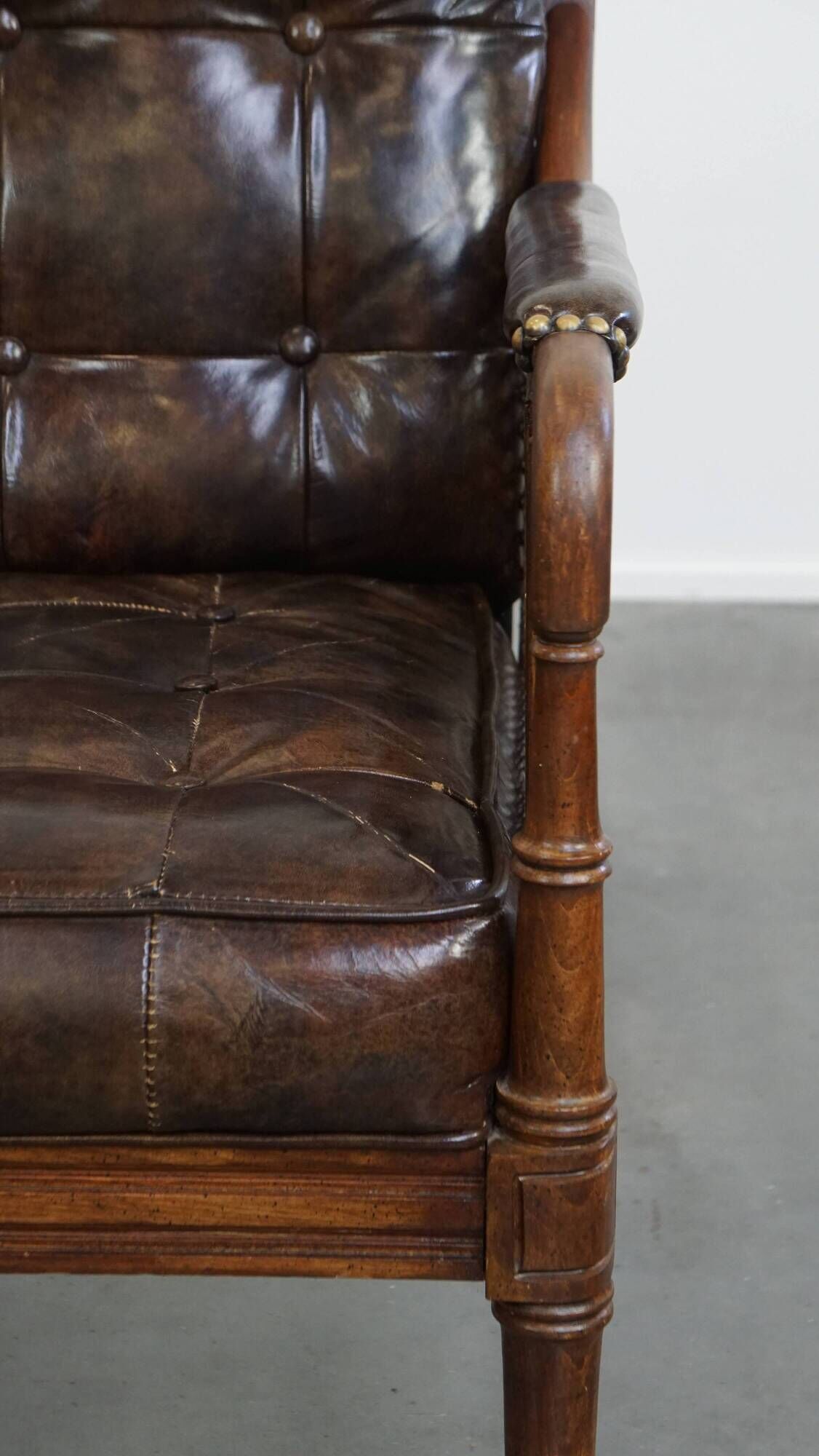 Vintage 1970s Design Armchair Made of Wood, Leather, and Webbing