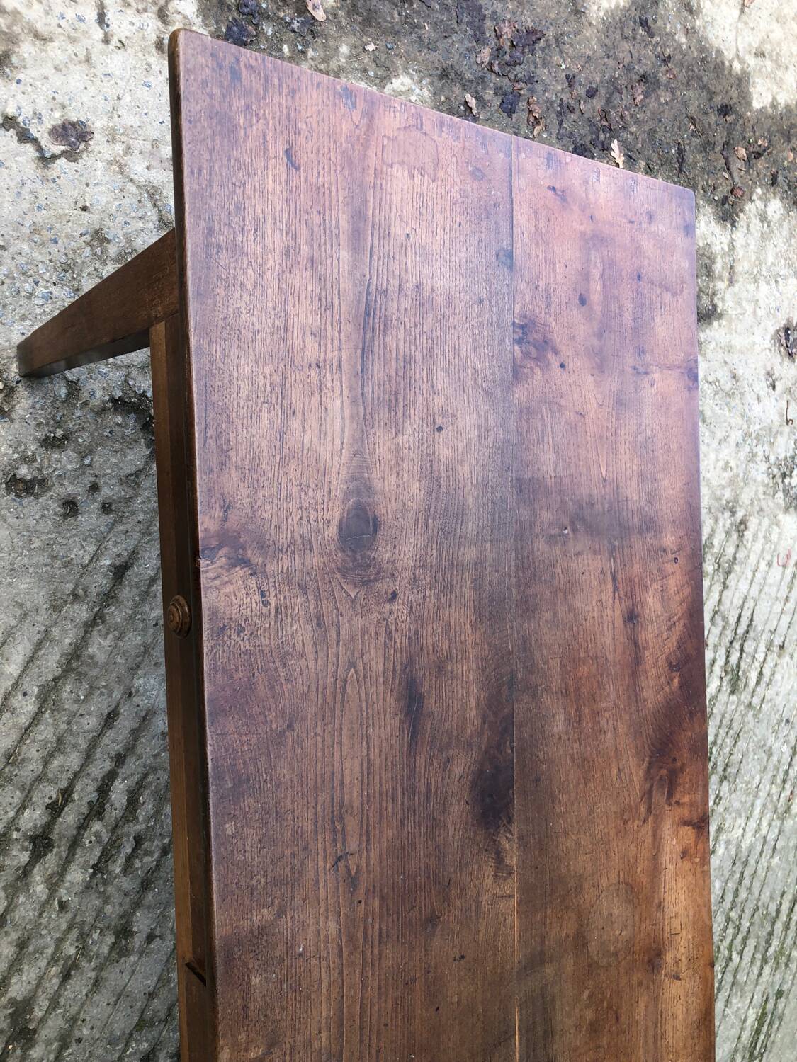 Antique chestnut farmhouse table with 3 drawers on the front.