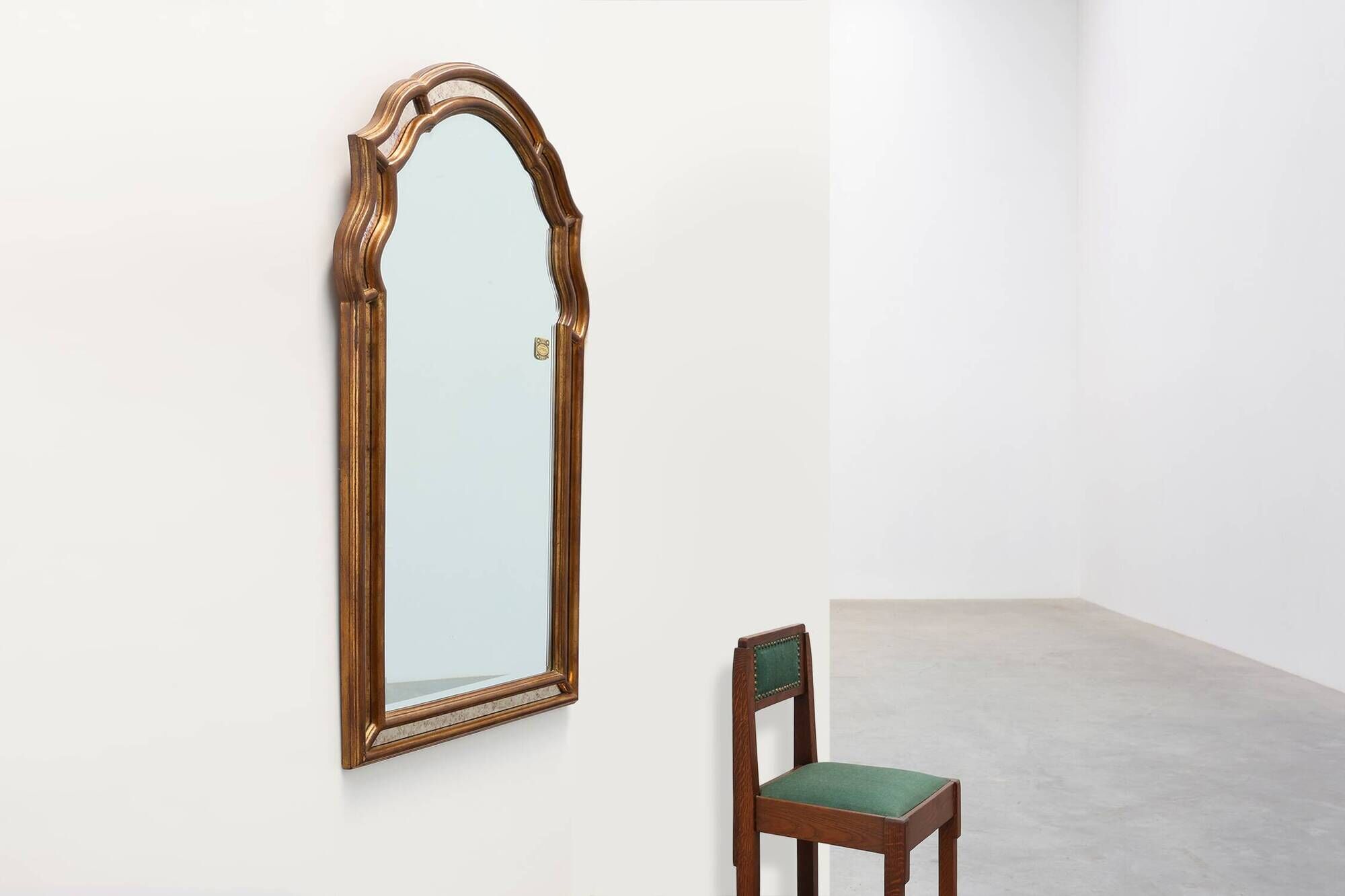 Arched gold-leaf mirror with marbled glass border by Deknudt, Belgium, 20th