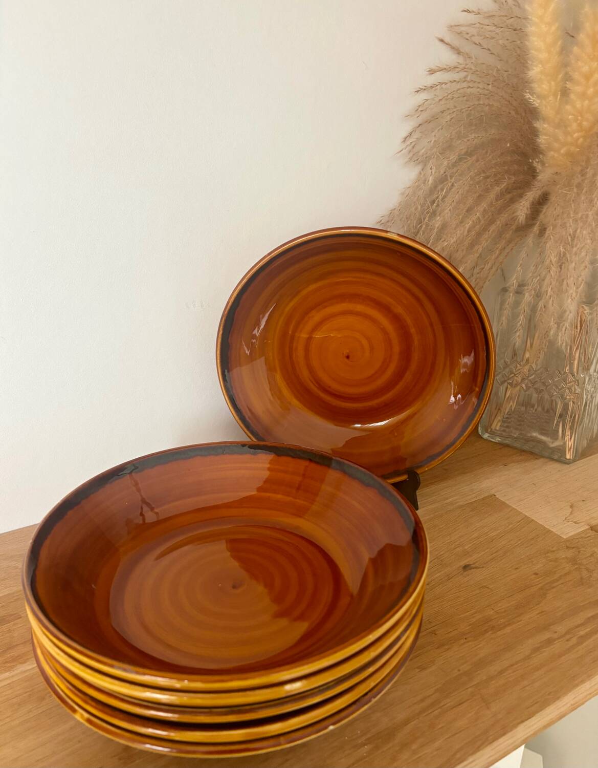 Set of 6 beautiful honey brown Luneville soup plates