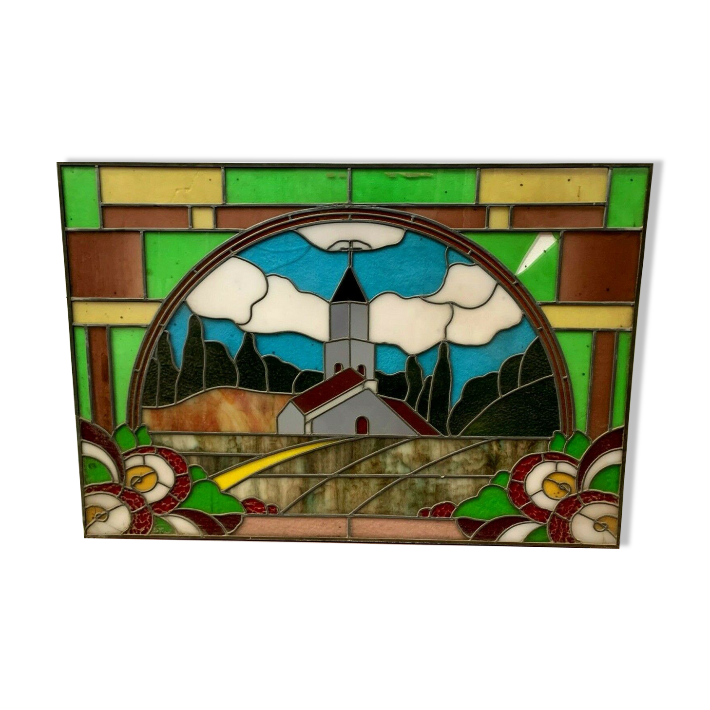 Art Deco Stained Glass Window Decorated With A th Century Church Steeple Selency