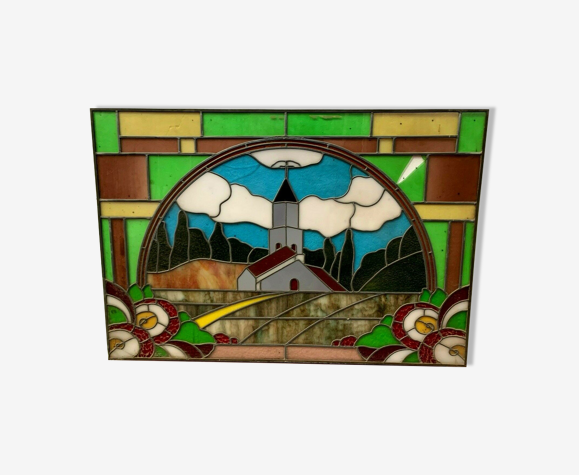 Art Deco Stained Glass Window Decorated With A th Century Church Steeple Selency Art Deco Stained Glass Window Decorated With A th Century Church Steeple Selency