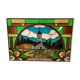 Art Deco stained glass window decorated with a 20th century church steeple