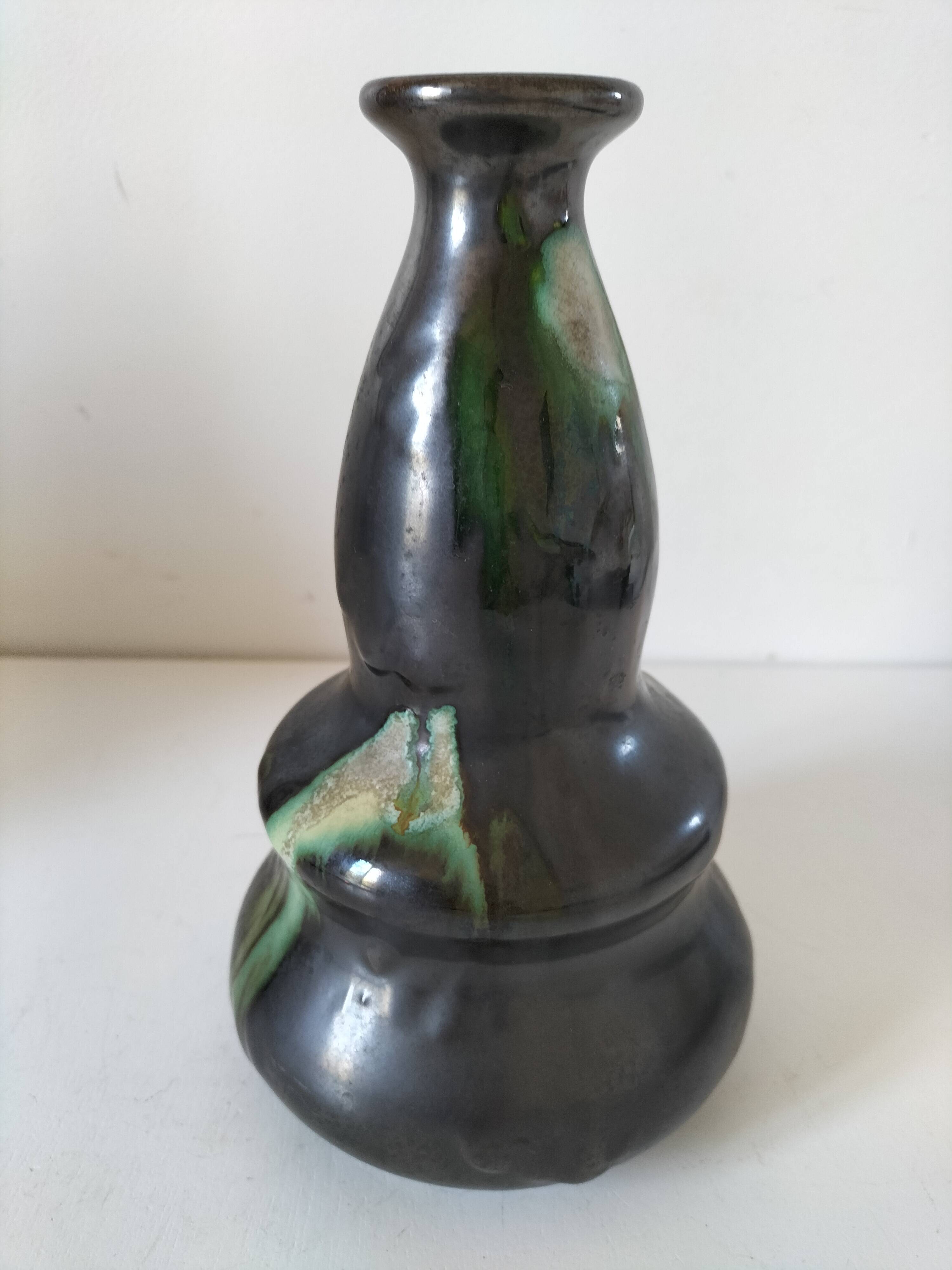 Thulin vase Belgium flamed green black enamel