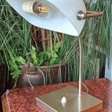 Lampe de notaire ancienne en métal brossé et opaline blanche