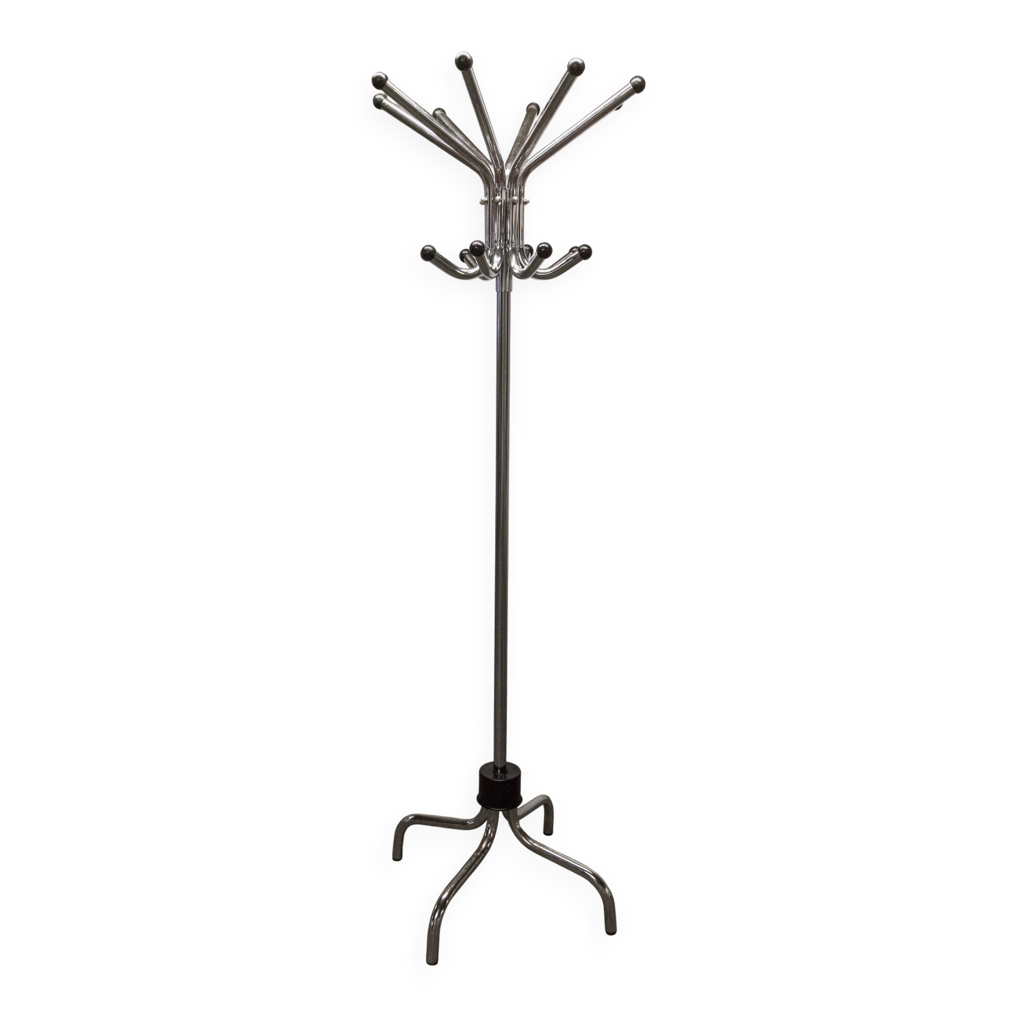 1960 parrot coat rack with 16 hooks, industrial chrome metal, rotating.
