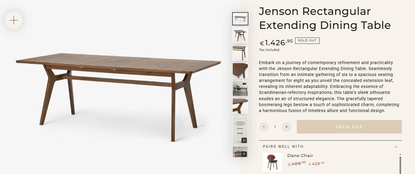 Solid oak extendable table Jenson for 6/8 people