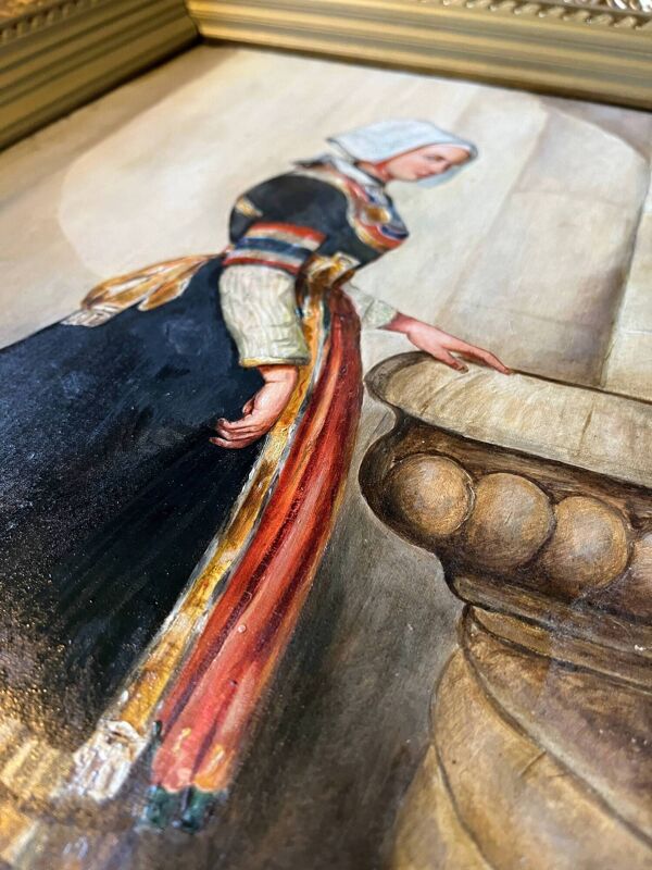 Tableau, huile sur toile ''Portrait de jeune femme en costume traditionnel'' XIXème s.