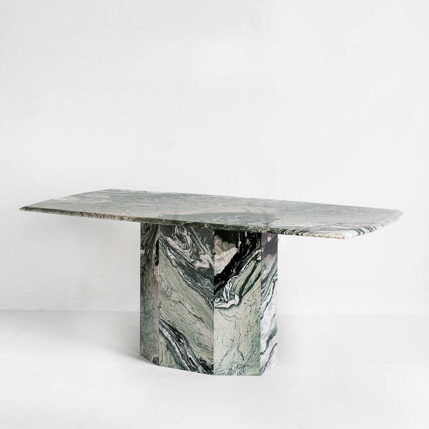 Vintage dining table in green and white veined marble. Completely restored. Italy, 90's