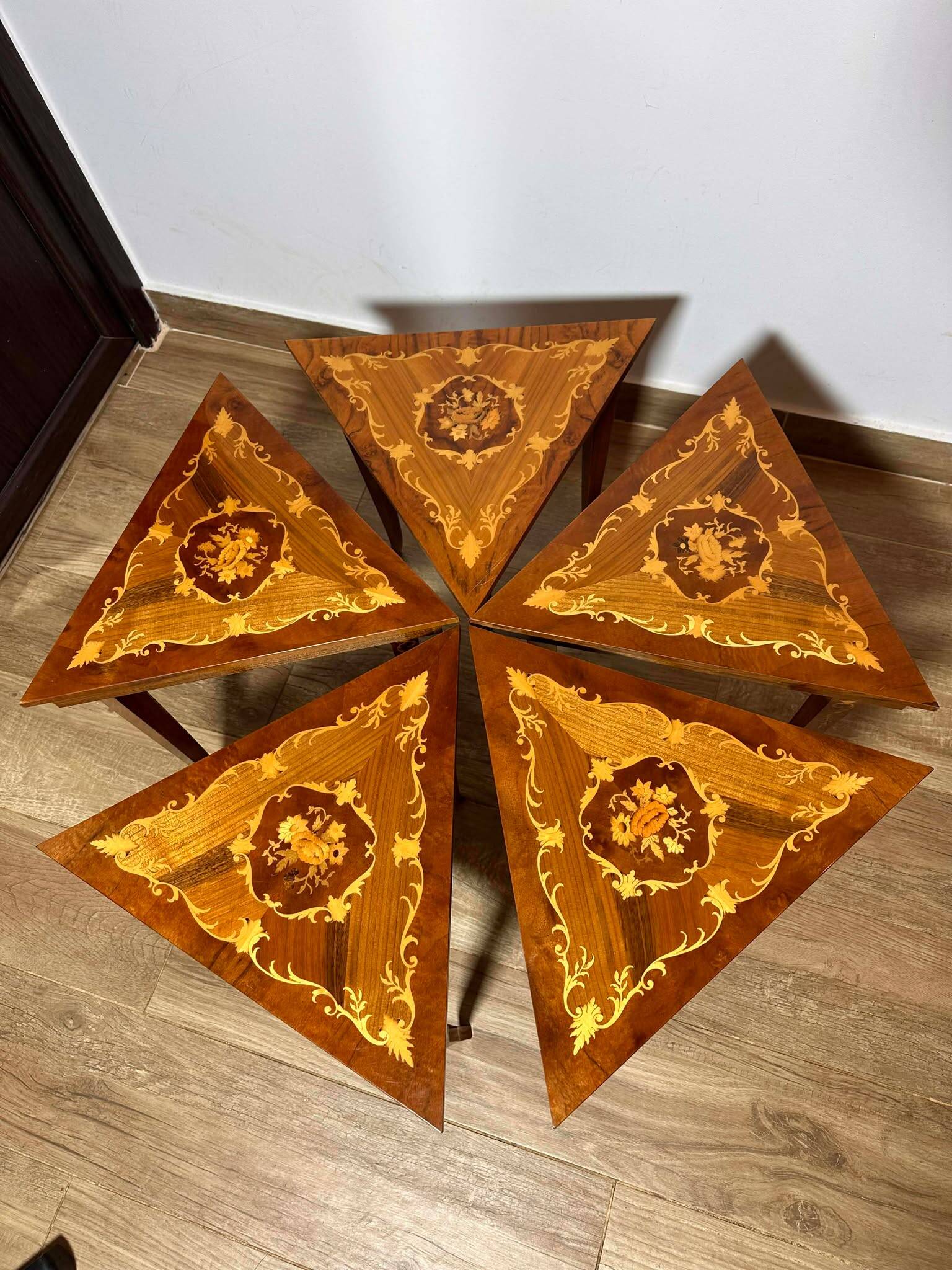 Italian Marquetry Five Piece Triangle Table