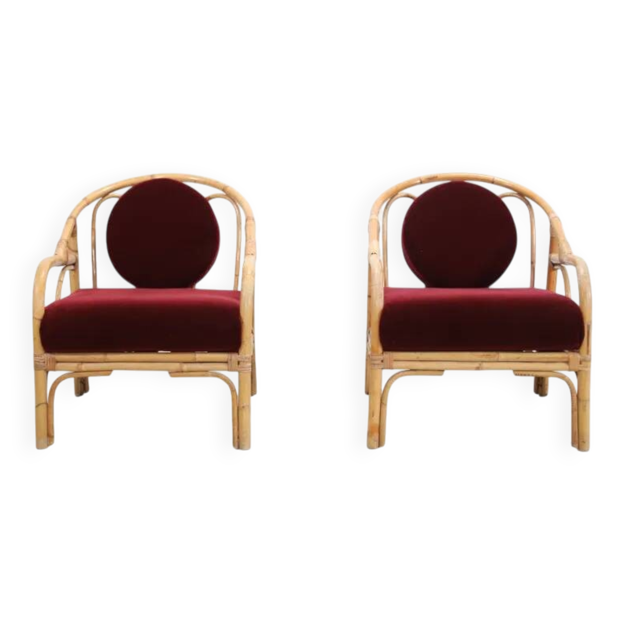 Set of 2 bamboo and rattan armchairs with Bordeaux red mohair upholstery