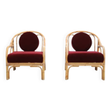 Set of 2 bamboo and rattan armchairs with Bordeaux red mohair upholstery