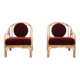 Set of 2 bamboo and rattan armchairs with Bordeaux red mohair upholstery