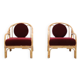 Set of 2 bamboo and rattan armchairs with Bordeaux red mohair upholstery