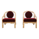 Set of 2 bamboo and rattan armchairs with Bordeaux red mohair upholstery