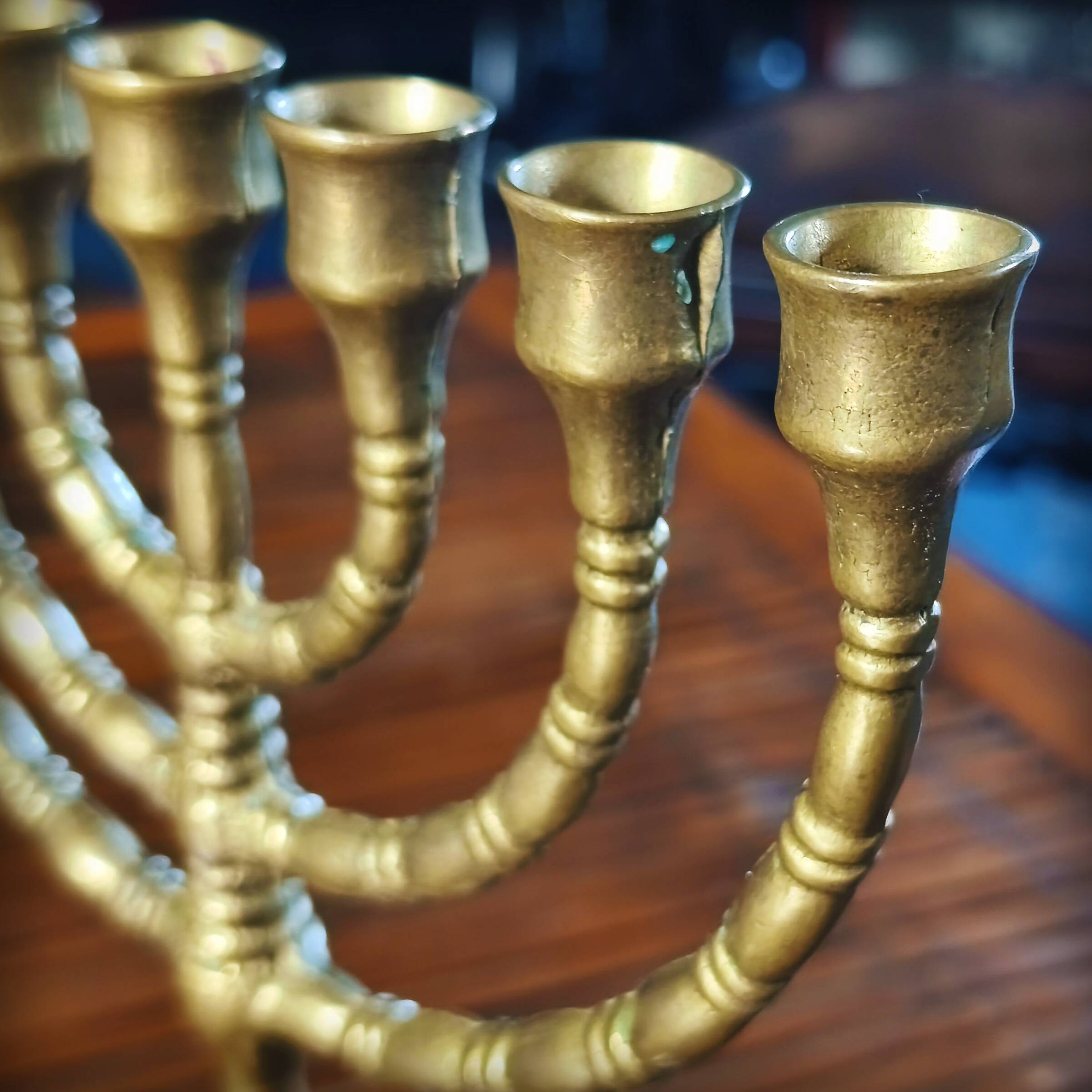 Bronze menorah, 7-branched chandelier, Israel, 1960s