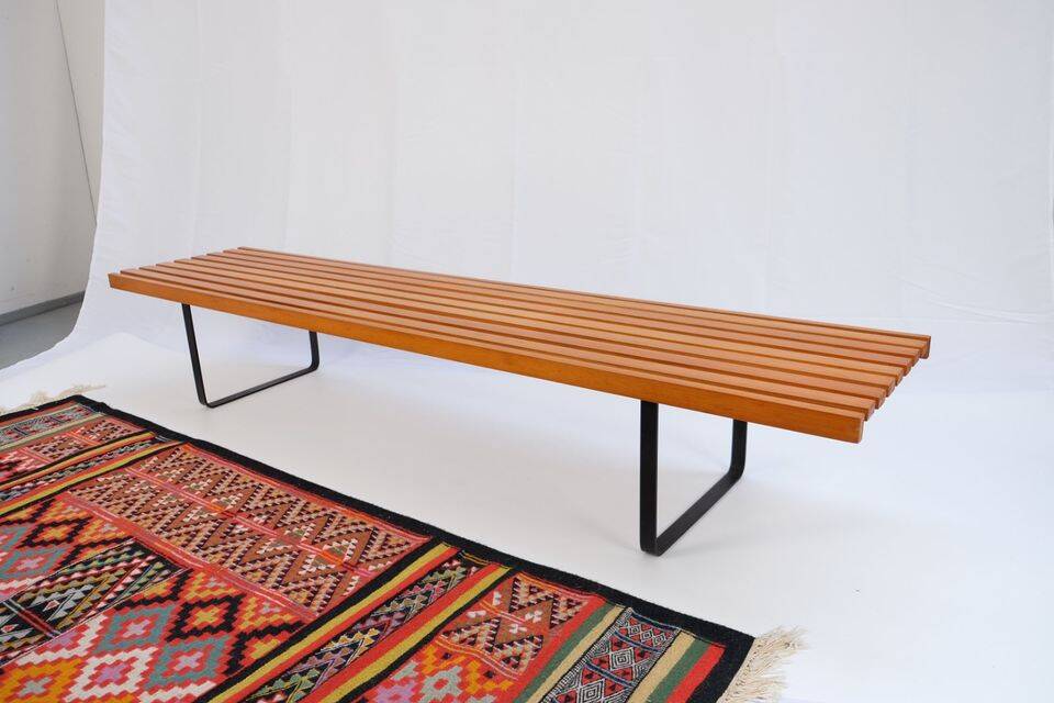 Bench in 60s-70s style, slatted bench, low seat, retro vintage style from the 60s-70s.