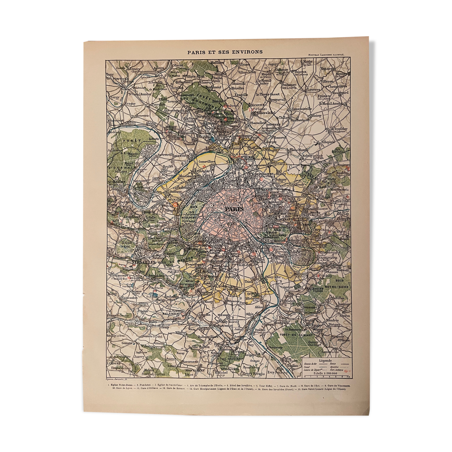Lithograph engraving map of Paris and its suburbs of 1897
