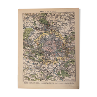 Lithograph engraving map of Paris and its suburbs of 1897