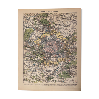 Lithographie gravure carte de Paris et sa banlieue de 1897