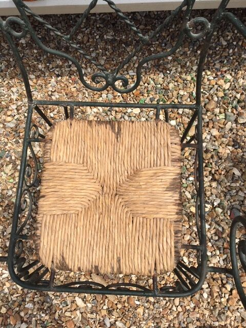 40 year old armchair pair in metal and straw