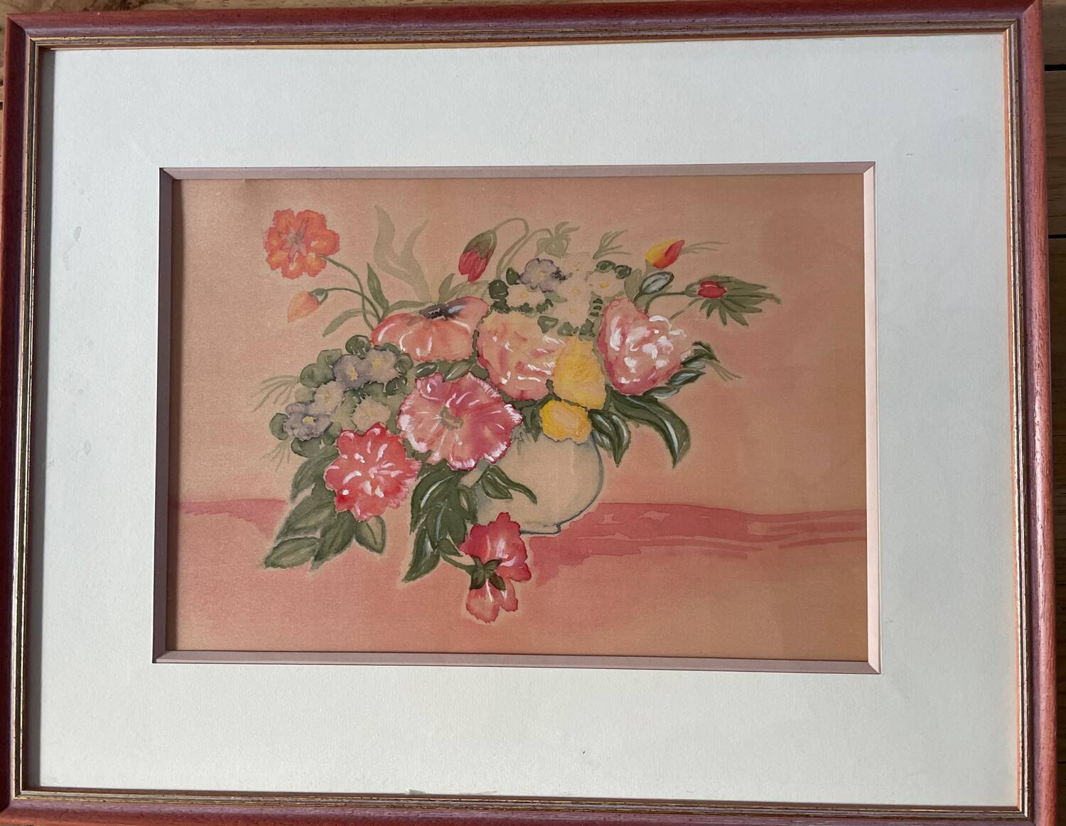 Watercolor painting, spring bouquet, framed.