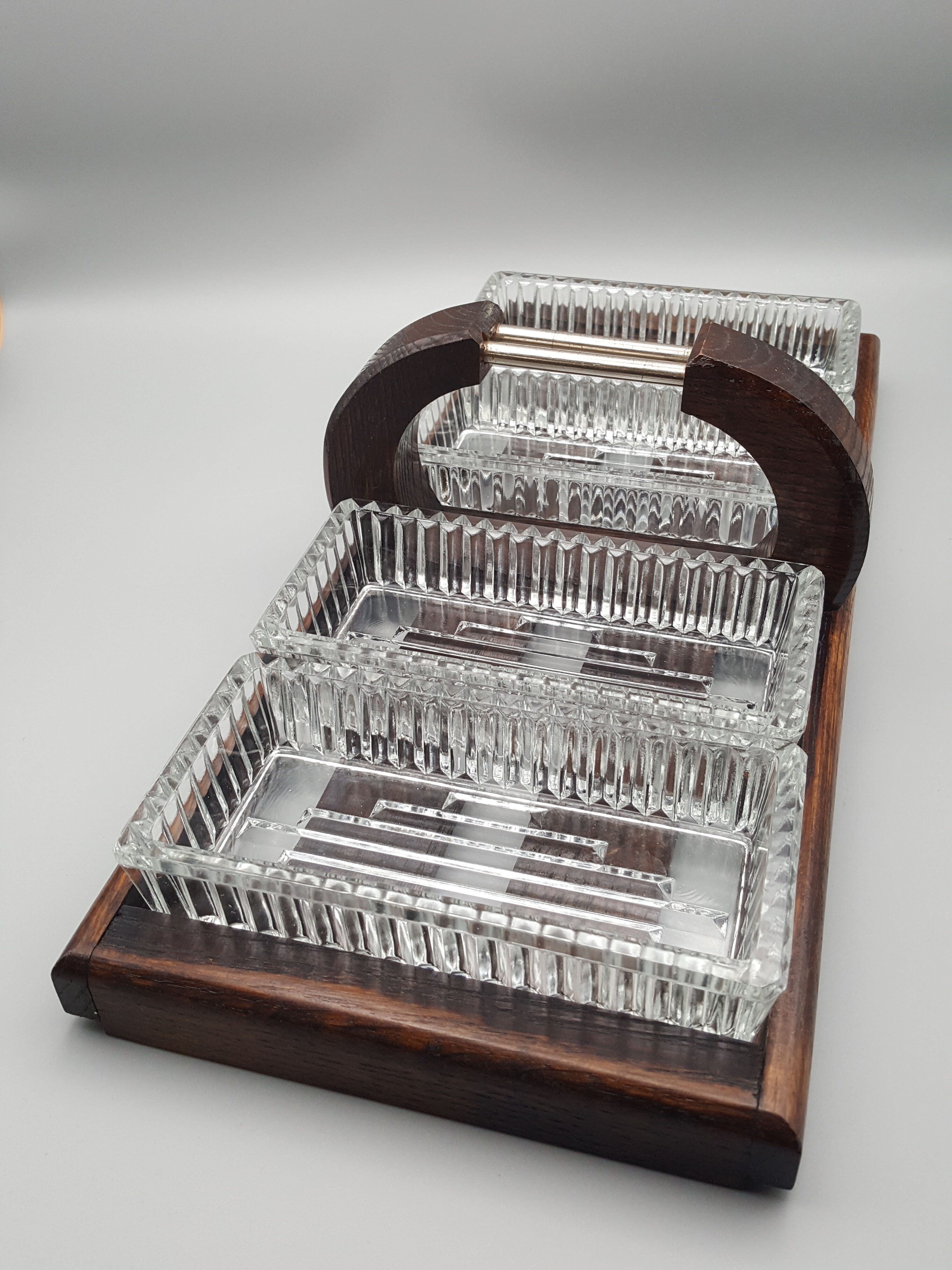 Wooden tray with glass ramekin handle servant aperitif appetizer vintage art deco appetizer