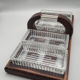 Wooden tray with glass ramekin handle servant aperitif appetizer vintage art deco appetizer