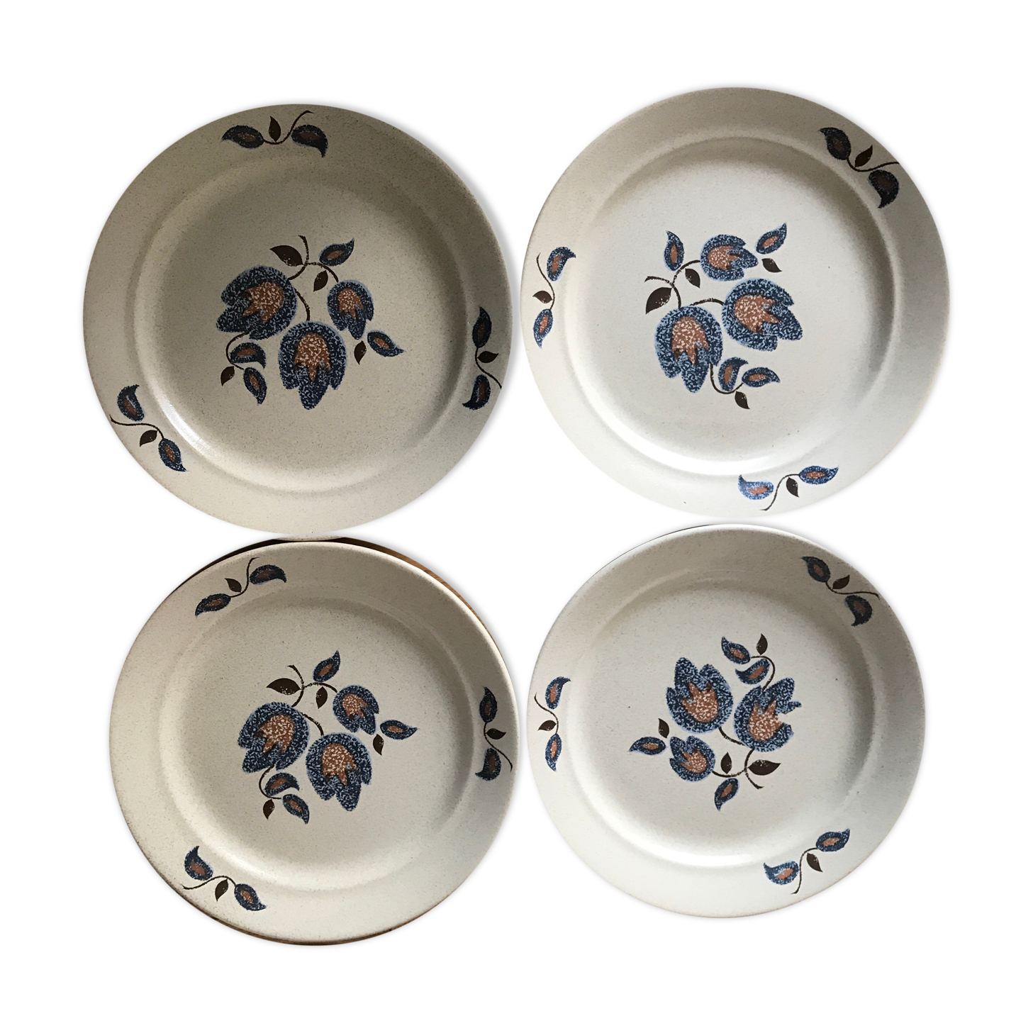 Flat plates grès earthenware of Saint Amand floral decoration Sologne