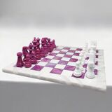 1970s Stunning Pink and White Chess Set in Volterra Alabaster Handmade Made in Italy