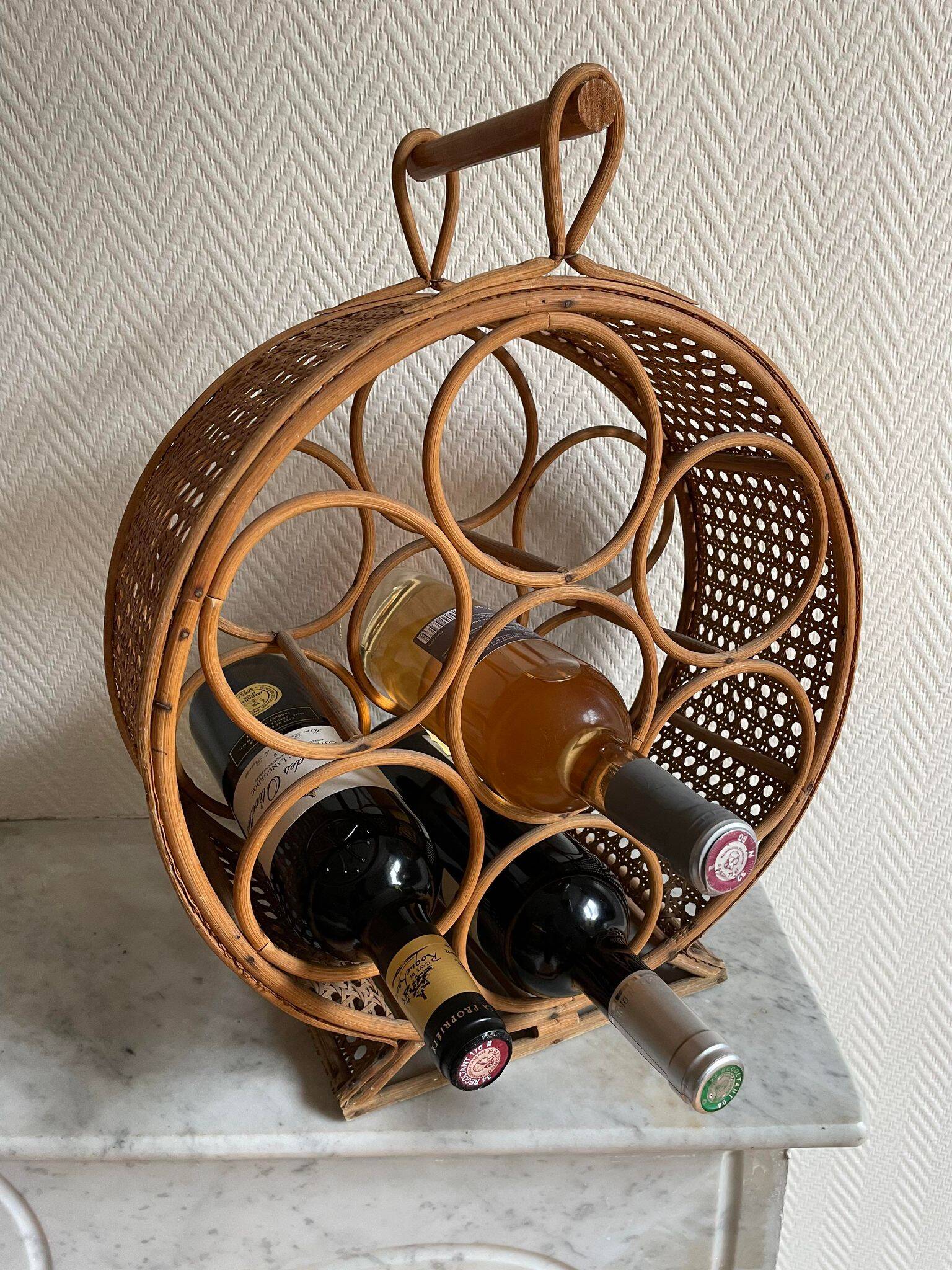 Rattan bottle holder, wood, vintage canework