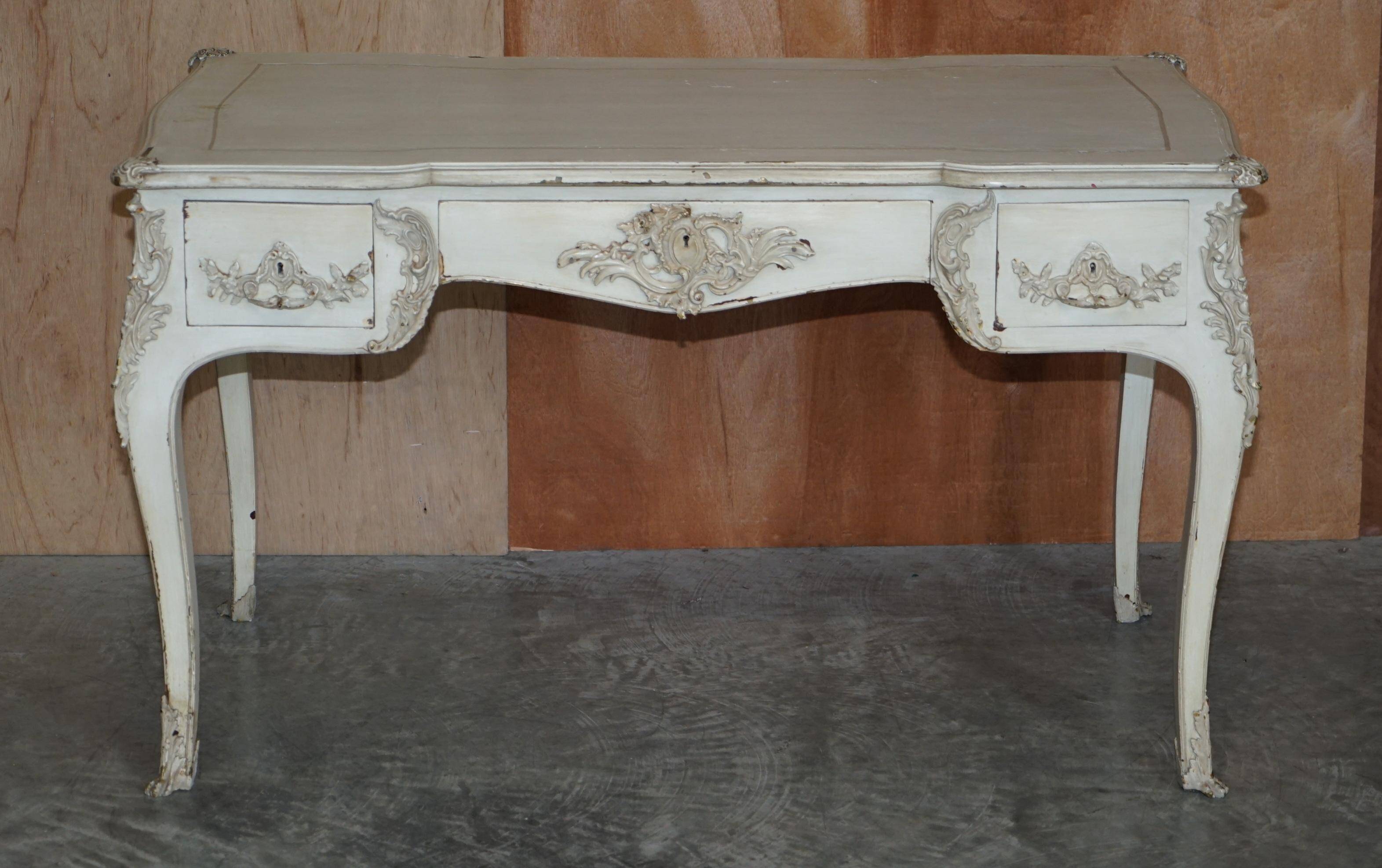 Antique Louis XV style flat desk painted with stool.