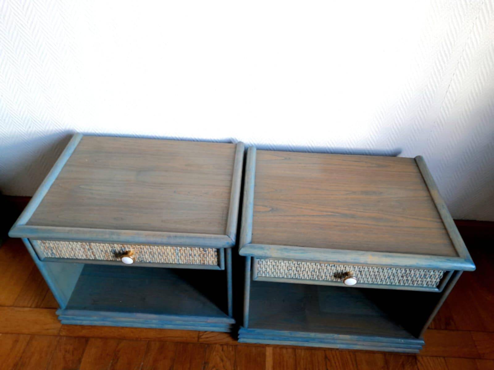 Pair of vintage Maugrion style rattan bedside tables.
