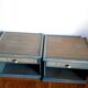 Pair of vintage Maugrion style rattan bedside tables.