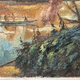 Large oil on panel "La Pirogue"
