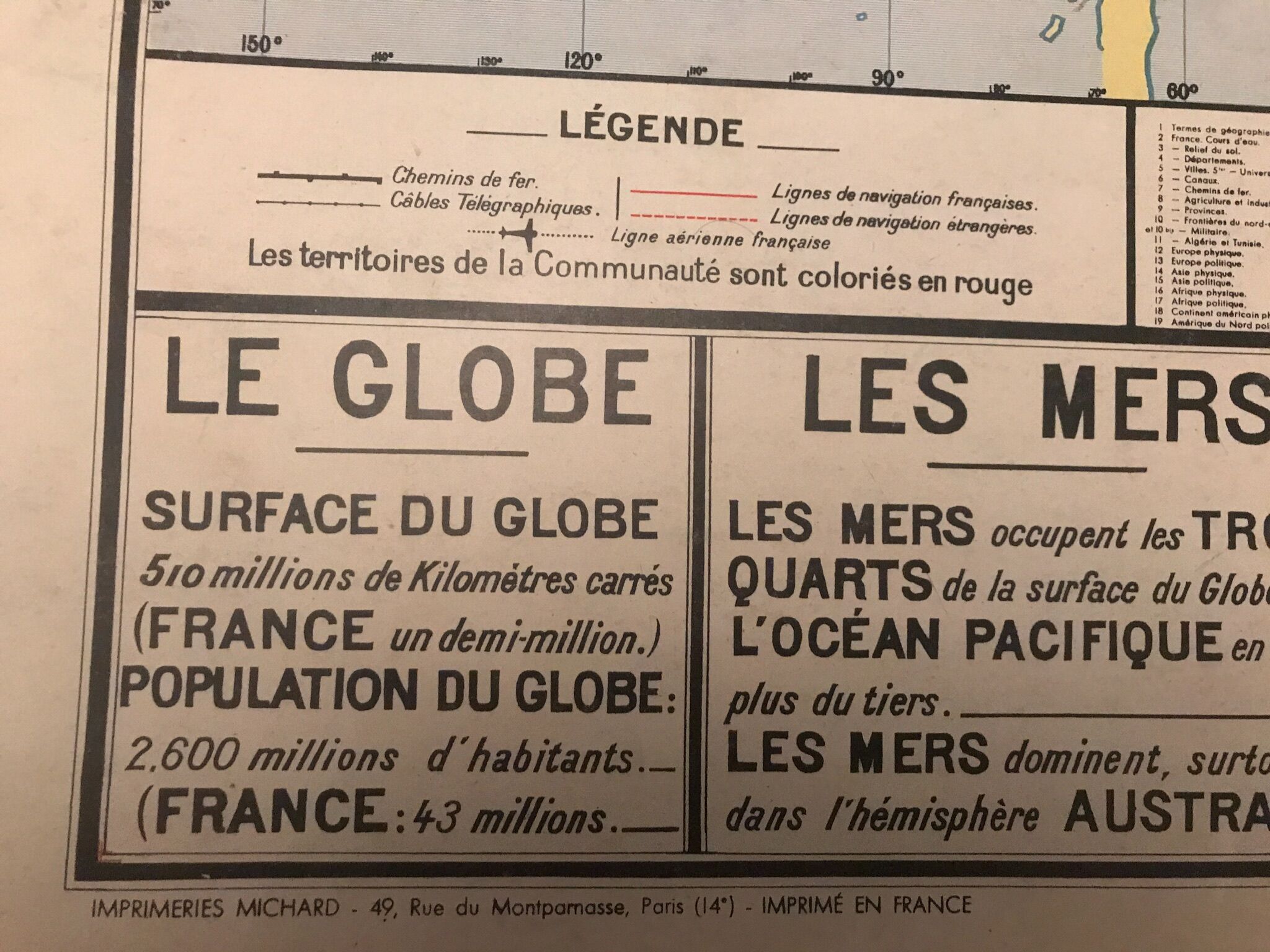 School planisphere Vidal-Lablache 1955 map