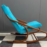 Ton, Thonet arm less rocking chair in blue velvet upholstery
