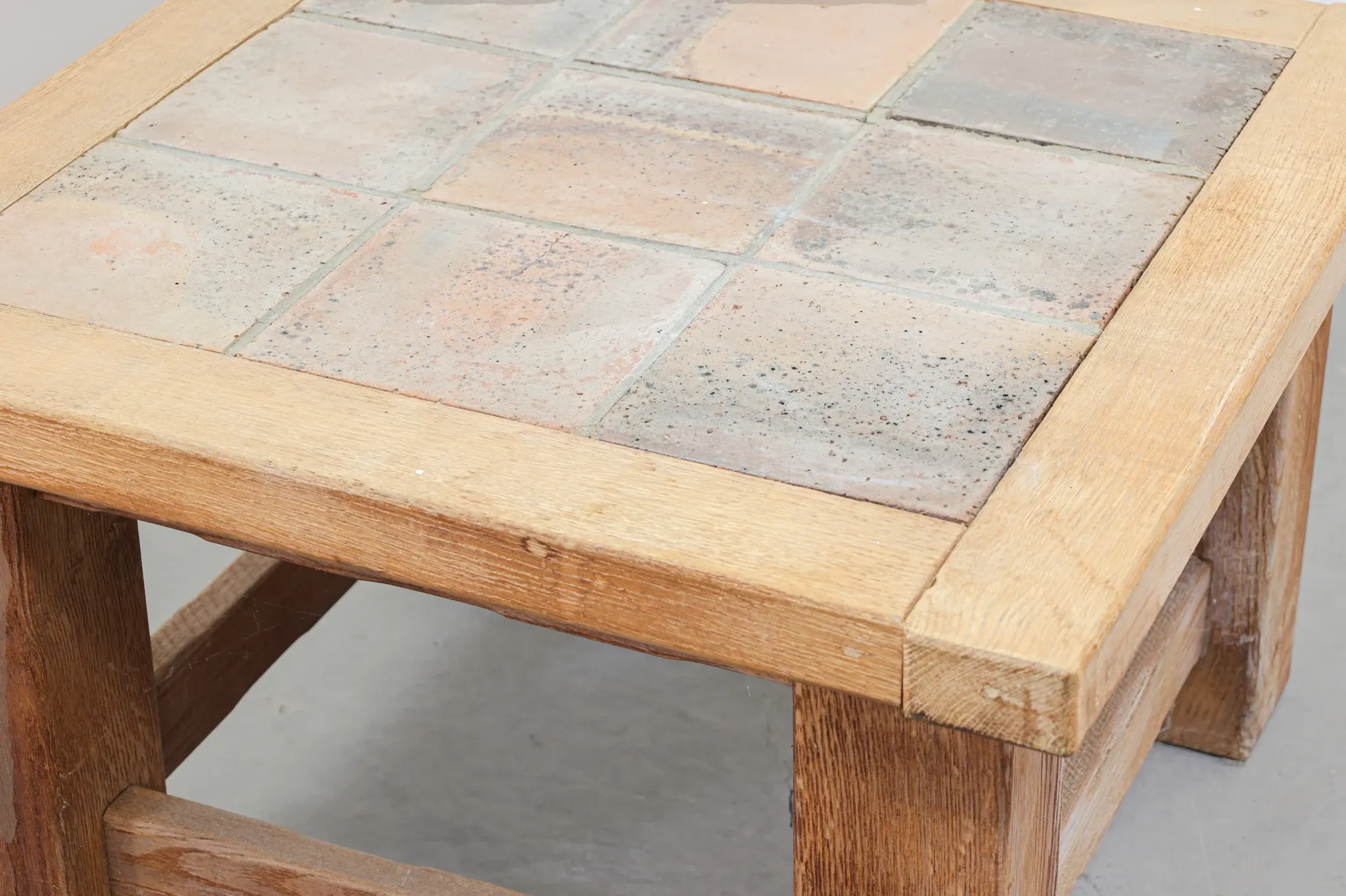 Brutalist Oak Coffee Table with Red Terracotta Tiles, 1950s