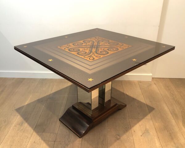 Table de milieu art déco à plateau de miroir églomisé dans le goût de Jules Leleu et Max Ingrand